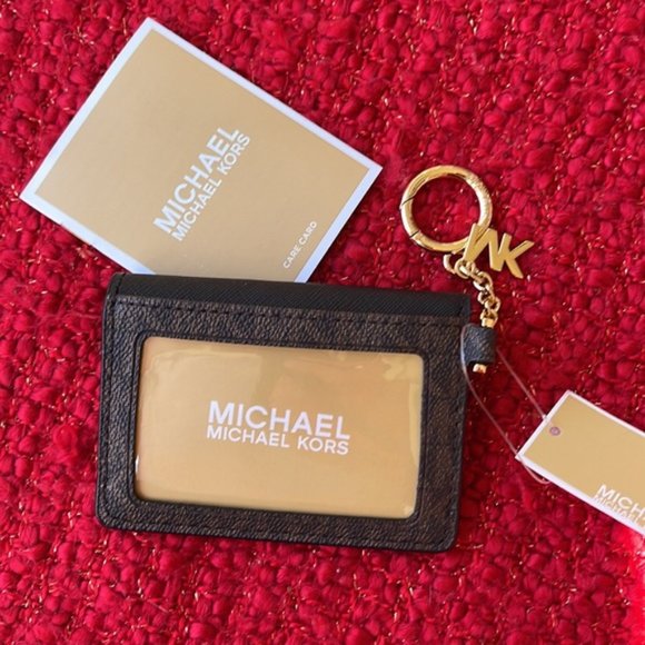 Michael Kors Kala Small Flap Key Ring Card Case Wallet MK Brown Black - Picture 2 of 13